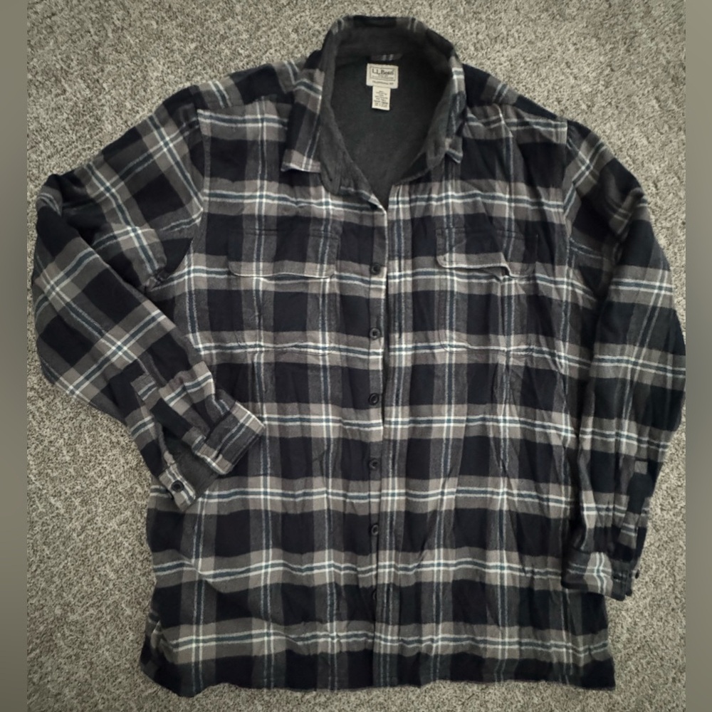 L.L. Bean Men's XXL TALL flannel fleece Plaid Shirt Jacket - Black Gray blue